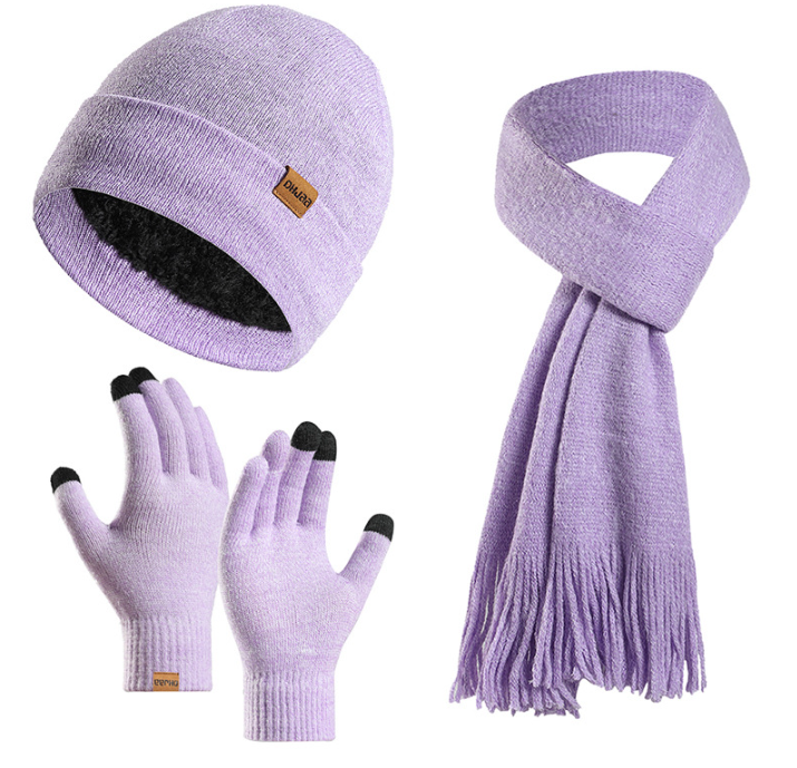 Fleece Knitted Hat, Scarf and Gloves Three-piece Warm Wool Set